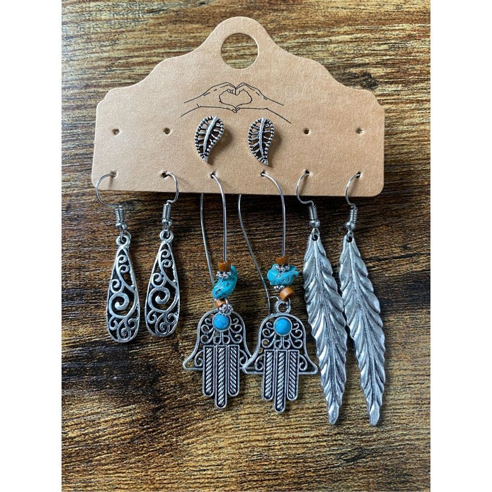 Hypoallergenic Turquoise and Bronze Silver Boho Earring Set feather